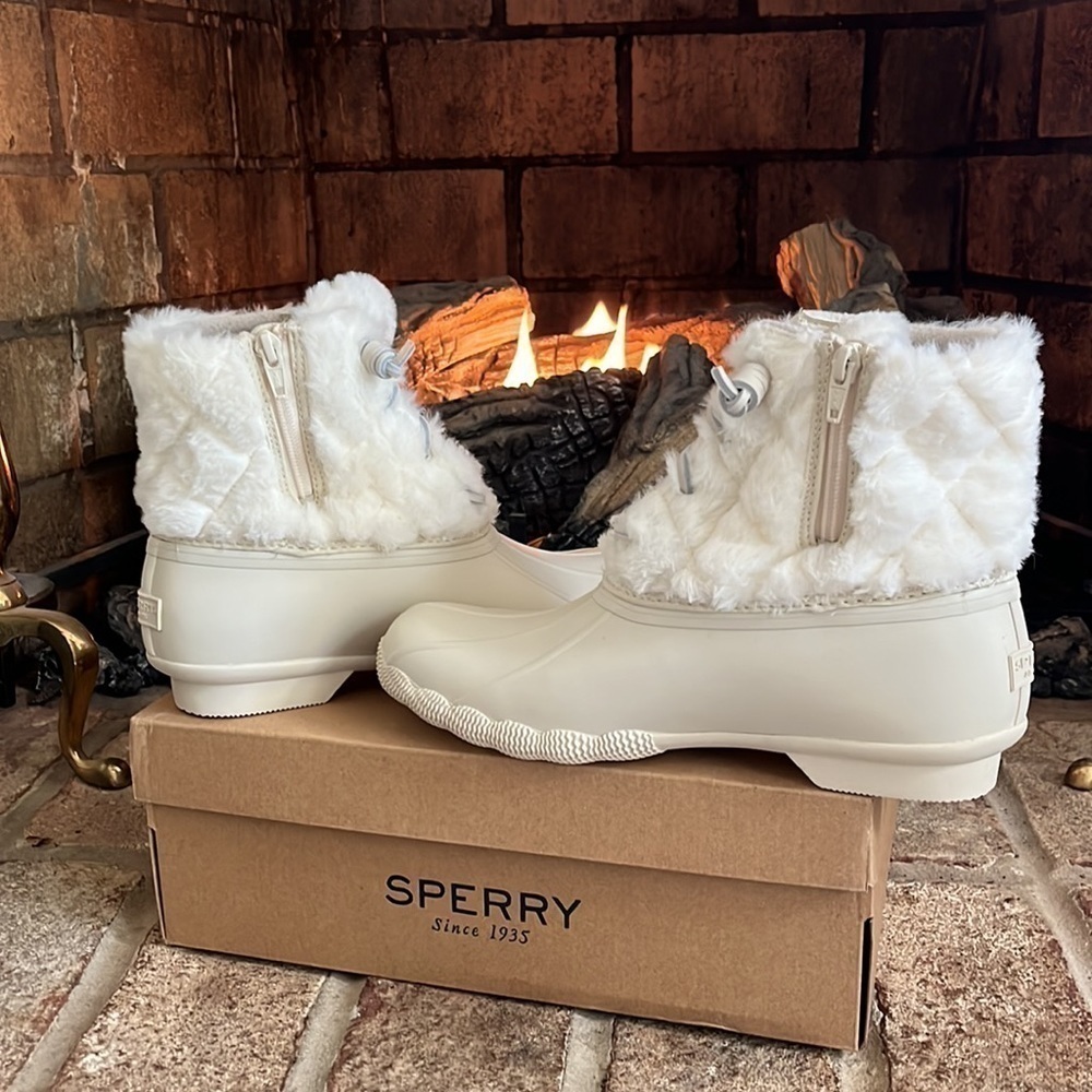 Brand New Sperry Saltwater Faux Fur Ivory Quilt Stitch Duck Boots Waterproof - Picture 10 of 16